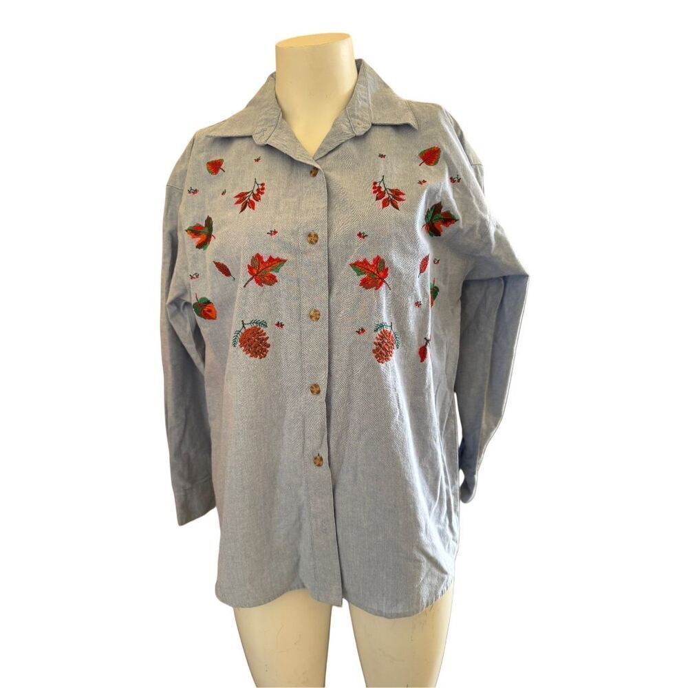 Denim Republic women’s M blue denim cotton red Maple leaf  button up shirt Canad